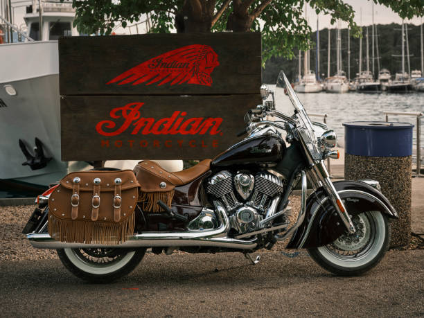 Skradin, Croatia – July 06, 2021: An Indian motorcycle on Skradin coast, Croatia