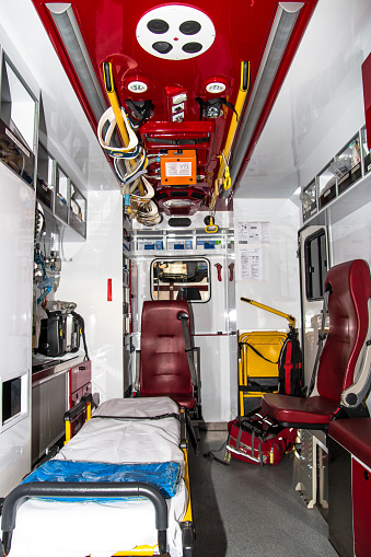 Barcelona, Spain – February 27, 2016: A fire station in Barcelona, an ambulance truck