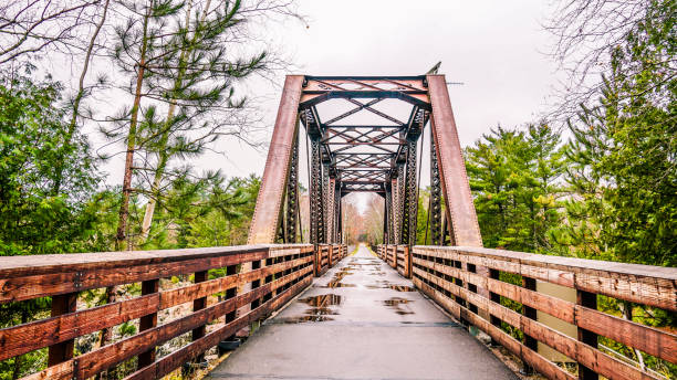 An image of orange flags on the railings  of a bridge which connects a first nation's community to a small town in Ontario. The flags state \