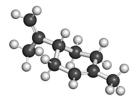 Limonene (D-limonene) citrus scent molecule. 3D rendering. Atoms are represented as spheres with conventional color coding.