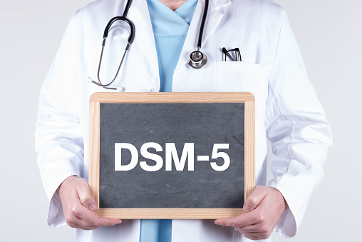 A blackboard with ''DSM-5'' written on it in the hands of a doctor on a white background