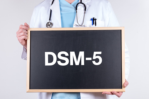 A blackboard with ''DSM-5'' written on it in the hands of a doctor on a white background