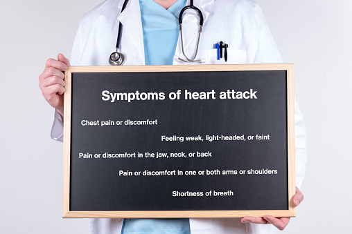 A blackboard with Symptoms of a heart attack in the hands of a doctor on a white background