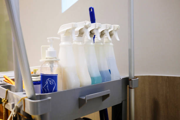 istock Close up Cleansing Spray Bottles on Cart. 1440781632
