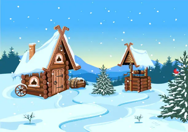 Vector illustration of hut in winter