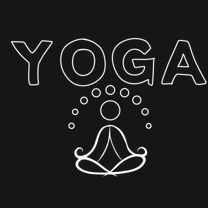 A white text YOGA with caricature on a black background