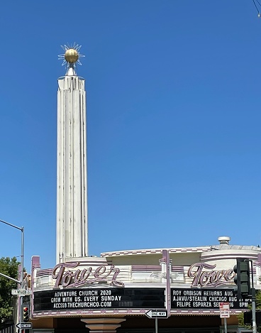 Fresno, United States – June 25, 2021: A photo of the Tower District Theater Downtown Fresno,Ca. on a sunny day with blue clear sky behind in 2021