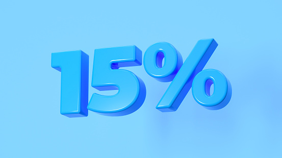 15 percent discount (15%) fifteen percent promotion blue color - 3D illustration