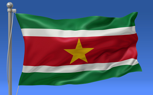 Suriname flag waving on the flagpole on a sky background