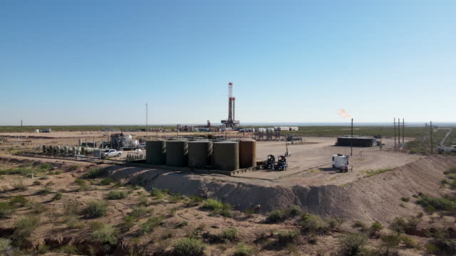 Mid-Day Drone Drilling Rig Platform in Western New Mexico, West Texas, Oil, Fracking And Gas Industry