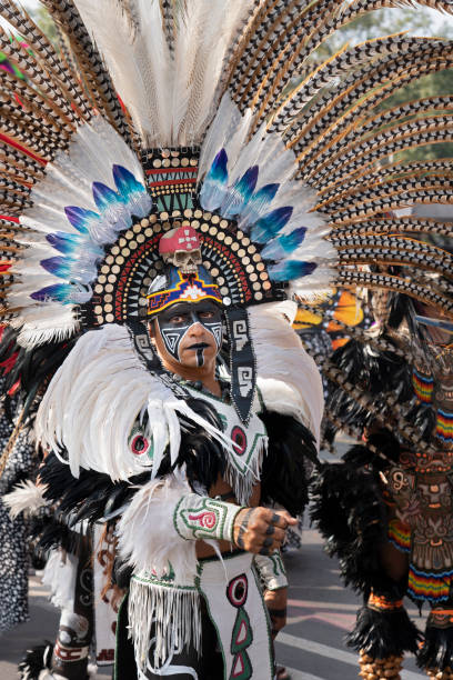 Portrait of an Aztec warrior and dancer from Mexico. stock photo