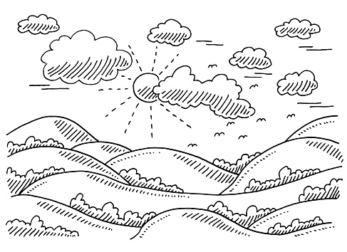 Hand-drawn vector drawing of a Sunny Rural Landscape. Black-and-White sketch on a transparent background (.eps-file). Included files are EPS (v10) and Hi-Res JPG.