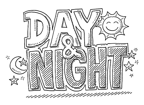 Hand-drawn vector drawing of a Day And Night Text. Black-and-White sketch on a transparent background (.eps-file). Included files are EPS (v10) and Hi-Res JPG.