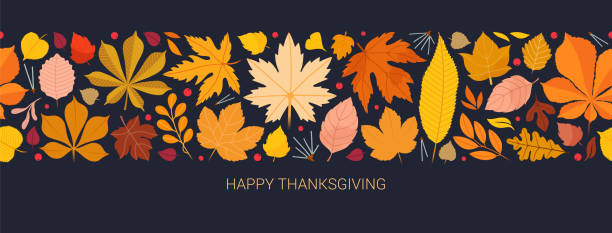 ilustrações de stock, clip art, desenhos animados e ícones de happy thanksgiving day horizontal banner background with seasonal leaves in a seamless pattern and lettering on blue background - vector thanksgiving fall holidays and celebrations