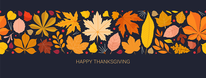 Happy thanksgiving day horizontal banner background with seasonal leaves in a seamless pattern and lettering on Blue background