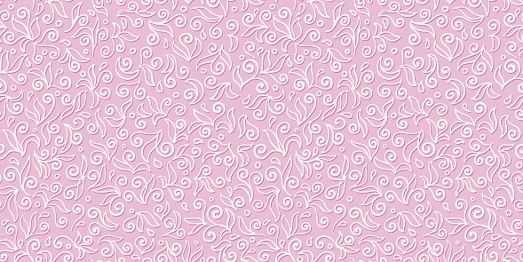 Seamless pattern with abstract leaves and curls, white line on pink background. Hand drawn outline floral design. Monochrome vector, delicate female print for fabric, wrapping paper and wallpaper.