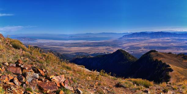 The Great Salt Lake from Deseret Peak views hiking Stansbury Mountains, Rocky Mountains, Utah. United States. The Great Salt Lake from Deseret Peak views hiking Stansbury Mountains, Rocky Mountains, Utah. United States. tooele stock pictures, royalty-free photos & images