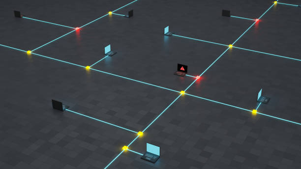 Computers or workplaces connected in a network. Red alerts on some connections. Isometric view. 3D render.