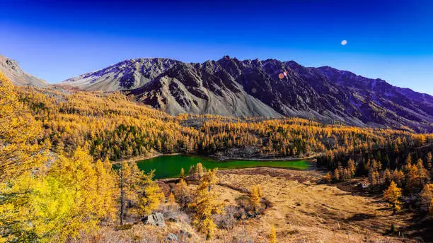 emerald green lake near high rocky mountains, beautiful alpine panoramic landscape