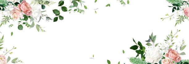 istock Classic white peony, hydrangea, pink rose and orchid flowers, eucalyptus, fern, salal, greenery 1440797742