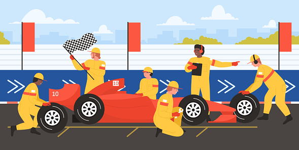 Car repair at sport races by professional team of mechanics in uniform vector illustration. Cartoon workers of technical maintenance crew with equipment change tires of red fast automobile on track