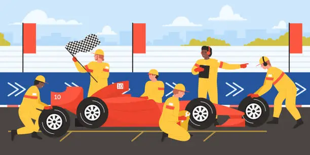 Vector illustration of Car repair at sport races by professional team of mechanics in uniform, change tires