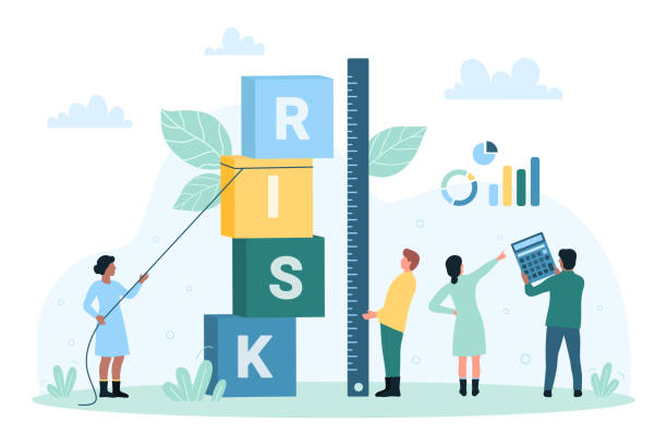 ilustraciones, imágenes clip art, dibujos animados e iconos de stock de gestión de riesgos, control y medición del riesgo financiero por personas diminutas con regla - analyzing danger risk insurance