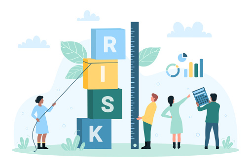 Risk management, control and measurement vector illustration. Cartoon tiny people measure financial risk with ruler, calculator and charts to research profit of investment and analysis of stock market