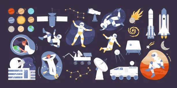 Vector illustration of Space discovery set, astronauts in spacesuits fly and explore solar system planets