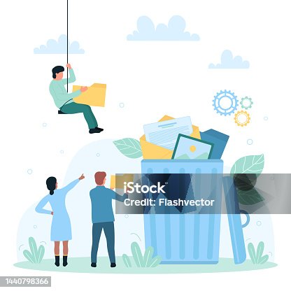 istock Data storage and management, tiny people delete files, emails and documents from computer 1440798366