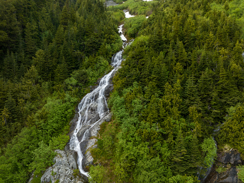 Nature and environment backgrounds. Aerial view of a waterfall flowing through a green pine forest in the Canadian Rockies