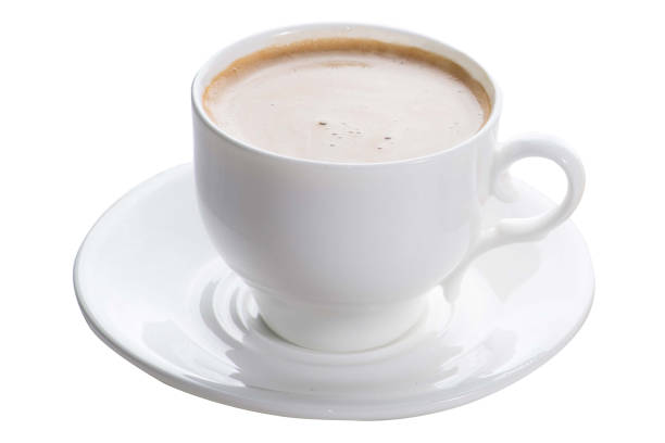 istock Ceramic white cup with coffee. Coffee with milk foam in a white cup. Isolated white coffee cup with coffee drink with foam. Shooting at 45 degrees 1440799218