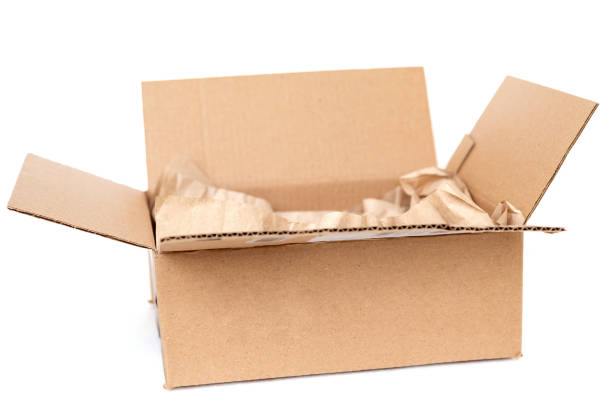 istock Cardboard box with wrapping paper inside isolated on white background, recycling concept 1440799816