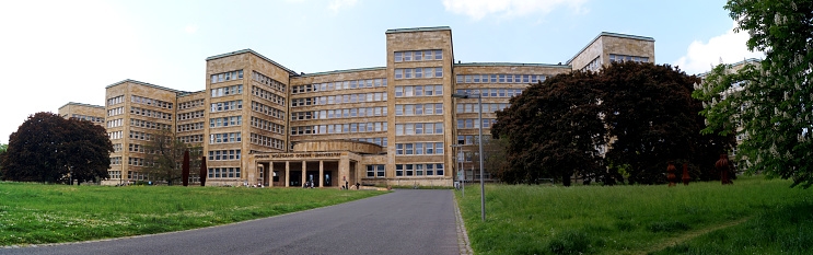IG Farben Building, constructed in New Objectivity style in 1928-1930, currently houses West End Campus of the University of Frankfurt, panoramic shot, Frankfurt, Germany