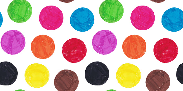 Vector Seamless Pattern: Orange, Green, Magenta, Blue, Red, Purple, Brown, Yellow and Black Filled Circles