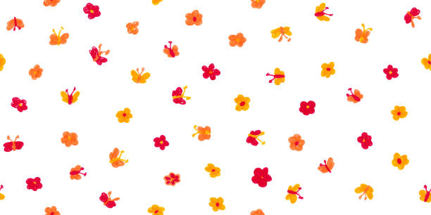 Hand Drawn Butterflies & Flowers - Pixel Perfect Seamless Pattern vector art illustration