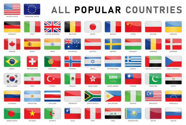 illustrations, cliparts, dessins animés et icônes de tous les pays populaires - ensemble de 56 icônes de drapeau brillant - drapeau national