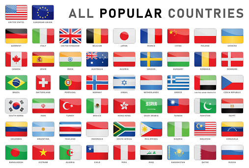 Most Popular World Flags Vector Rectangular Glossy Icons