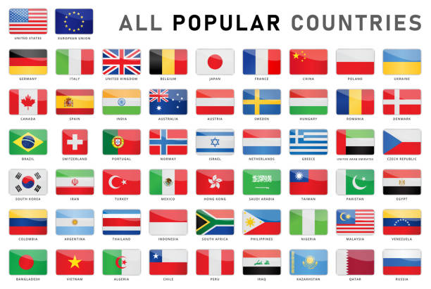 All Popular Countries - Set of 56 Gloss Flag Icons Most Popular World Flags Vector Rectangular Glossy Icons latin american flags stock illustrations