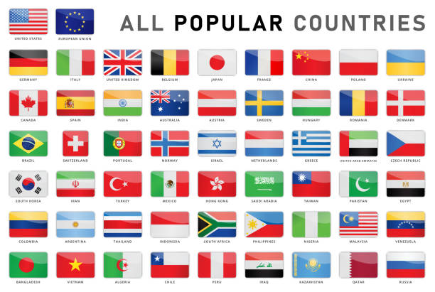 All Popular Countries - Set of 56 Gloss Flag Icons Most Popular World Flags Vector Rectangular Glossy Icons national flag stock illustrations