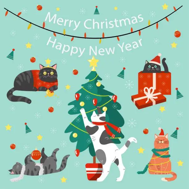 Vector illustration of Merry Christmas cats