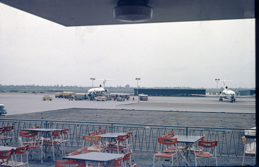 Düsseldorf, Germany, March 30, 1968 - Historical photo from 1968 of the airport in Düsseldorf with 2 Lufthansa Boeing 727-30 on the airport apron