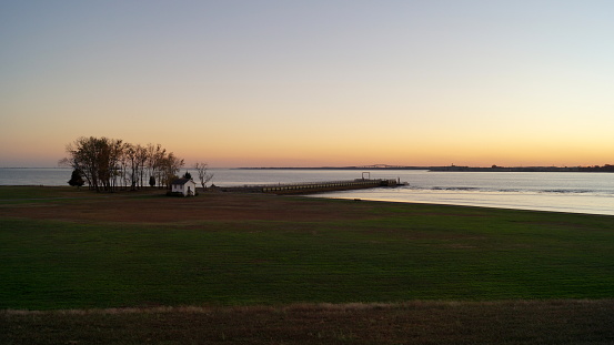 Fort Mott State Park waterfront, sunset view with Delaware River, Pennsville Township, NJ, USA