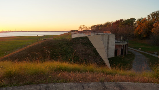 Fort Mott State Park waterfront, sunset view with Delaware River, Pennsville Township, NJ, USA