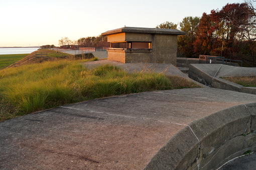 Concrete observation post of the coastal battery, at Fort Mott, sunset view, Pennsville Township, NJ, USA