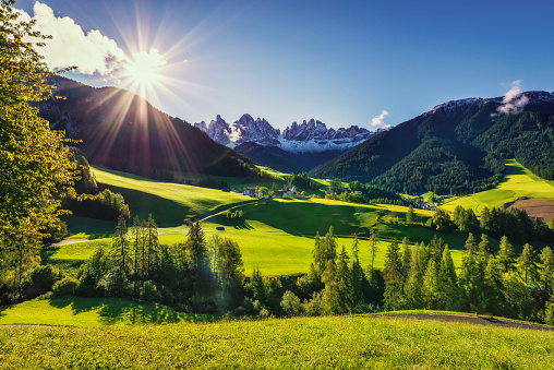 Santa Maddalena village with majestic high Dolomites mountains, Val di Funes valley, Trentino Alto Adige region, Italy, Europe