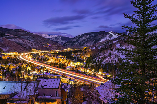 Vail Village at Night - Town of Vail, Colorado lit up at night in early winter season.