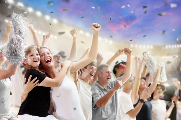istock Football team supporter. Black and white stadium. 1440808717