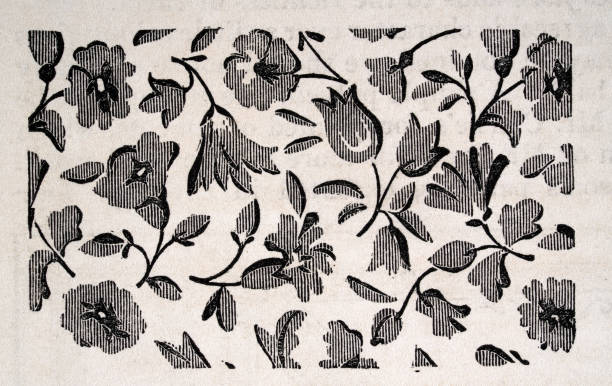 Flower head, floral repeating pattern, Victorian Decorative arts, 1840s, 19th Century vector art illustration