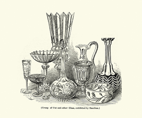Vintage illustration Group of cut and other glass by Bacchus, Victorian glassware, 1840s